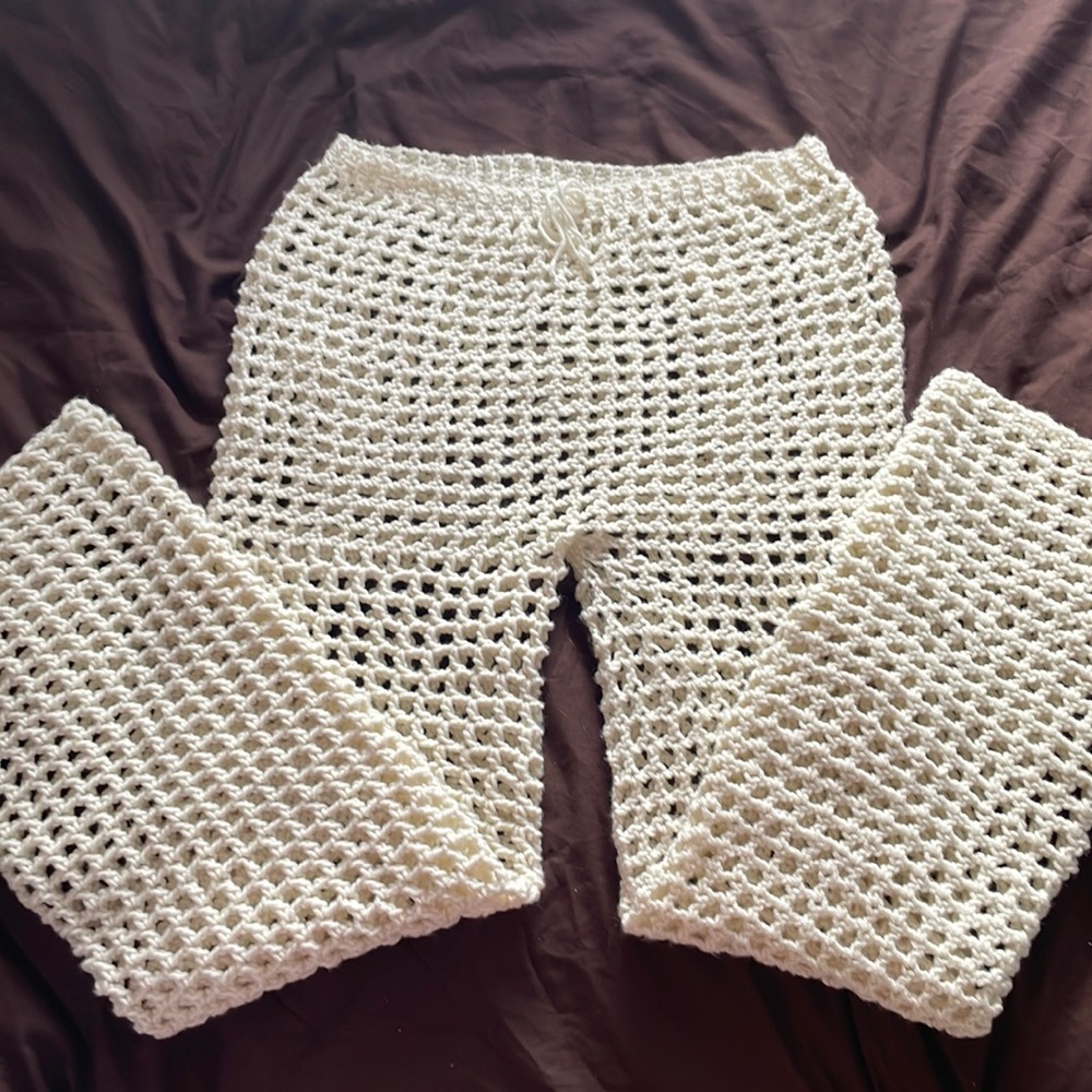 Handmade crochet mesh pants.
